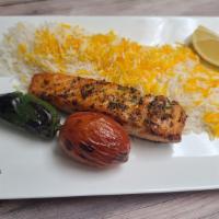 #7 Salmon Kebab Plate · Specially marinated Salmon Kebab grilled on open flame.
Comes with grilled tomato, spicy pep...
