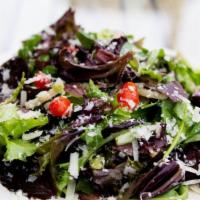 Demeter Salad · Mixed greens, grape tomatoes, black olives, parmesan, rosemary balsamic vinaigrette.