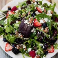 Penthos Half (Lunch) Salad · Mixed Greens, Fresh Berries, Candied Pecans, Feta, Basil Vinaigrette