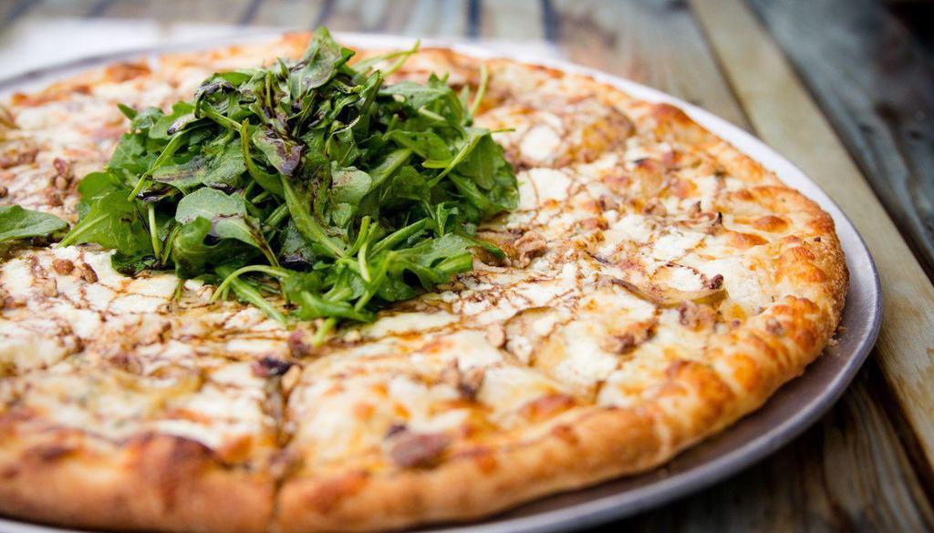Vulcan Small (10” - 6 Slices) · Olive oil, pears, goat cheese, mozzarella, candied pecans, arugula in balsamic vinaigrette, balsamic reduction.