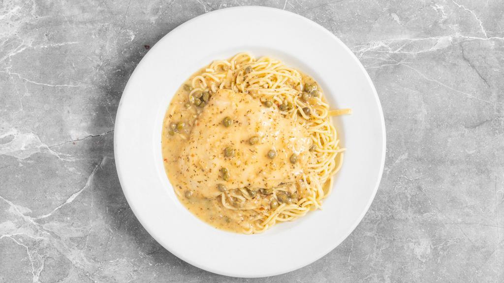 Chicken Piccata · Chicken breast sauteed with white wine, fresh garlic, lemon, and capers served over spaghetti.
