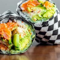 Poke Burrito · Two scoops of protein, two sides, two scoops of rice all wrapped in seaweed paper