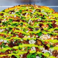 Birria Pizza · Birria, onion, cilantro, guacamole sauce and house sauce.