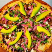 Carnitas Pizza · Carnitas, house sauce, pickled onions, and avocado.