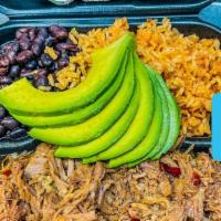 Birria Plate · birria , side of rice and beans companion with avocado slices and a side of warm yellow corn...
