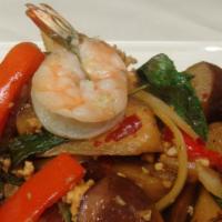 *Eggplant Delight · A healthy dish with stir-fried shrimp and ground chicken, onions, bell pepper, and thai basi...