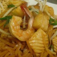 Pad Thai Seafood · Rice noodles stir-fried with pad thai sauce, seafood combination, beef sprouts, green onions...