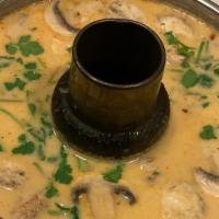 Tom Kha Talay · Coconut milk, shrimp, squid, scallop, fish, mussel, cilantro and mushroom.