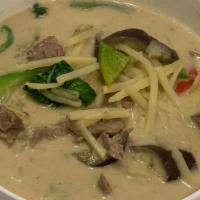 Green Curry · Choice of meat with eggplant, bamboo shoot, bell pepper and basil in green curry sauce.