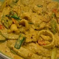 Yellow Curry Seafood · Fish, squid, scallop, shrimp, mussel, carrot, celery, tomato, onion and egg in yellow curry ...