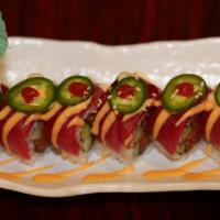 Fire Roll · Chef's recommendation, spicy. Inside: spicy tuna, cucumber. Outside: blue fin tuna, jalapeño...