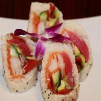 Sakura Roll · Chef's recommendation. Inside: tuna, salmon, crab, radish pickle, avocado, cucumber. Outside...