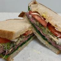 Roast Beef · Wheat bread, London broil RB, swiss cheese, spinach,  alfalfa sprouts,  tomato, onion, mayo ...
