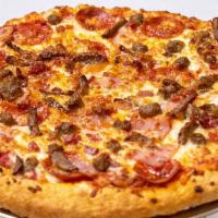 Meat Lovers · Pizza sauce, mozzarella cheese, pepperoni, Canadian bacon, meatball, sausage & bacon.