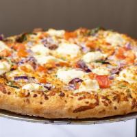 Margherita Pizza · Mozzarella cheese, fresh basil, tomatoes, olive oil, fresh garlic & ricotta cheese