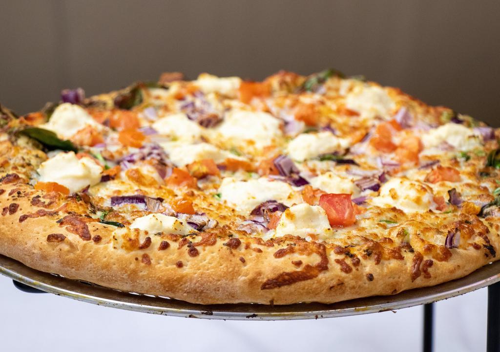 Margherita Pizza · Mozzarella cheese, fresh basil, tomatoes, olive oil, fresh garlic & ricotta cheese