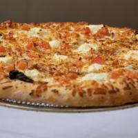 White Pizza · Pesto sauce, mozzarella cheese, spinach, ricotta cheese, tomatoes & onion