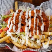 Buffalo Ranch · Fries loaded with fried popcorn chicken tossed in buffalo sauce, shredded cheddar cheese, sh...
