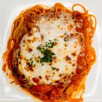 Pollo Parmigiana · Breaded chicken with mozzarella cheese and a light tomato sauce served with spaghetti marinara