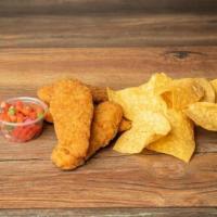 (4) Chicken Tenders · Four breaded, then fried crispy chicken tenders served with your choice of sauce and a side ...