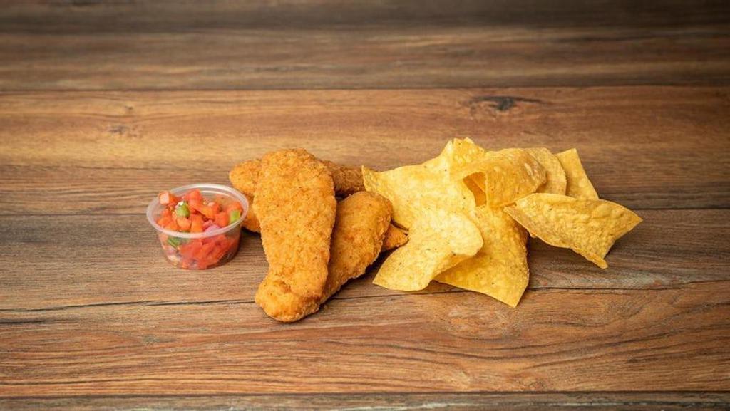 (4) Chicken Tenders · Four breaded, then fried crispy chicken tenders served with your choice of sauce and a side of our fresh tortilla chips and salsa