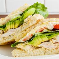 Grilled Chicken Avocado · Grilled chicken breast, slices of avocado, lettuce, tomatoes, alfalfa sprouts, mayonnaise, D...
