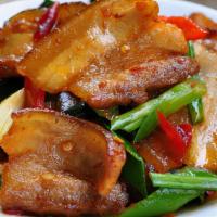 Double-Cooked Pork Slices / 回鍋肉 · Double-cooked pork slices with cabbage, smoked tofu, green peppers, red peppers, bamboo shoo...