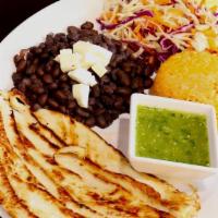 Grilled Chicken Plate · Chicken breast, rice, black or pinto beans, salsa and guac