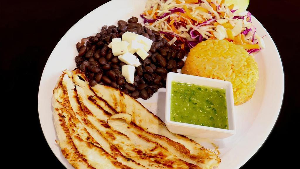Grilled Chicken Plate · Chicken breast, rice, black or pinto beans, salsa and guac
