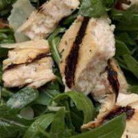 Pecan Crusted Chicken · Mixed organic greens, pear, gorgonzola, balsamic vinaigrette.