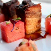 Crispy Pork Belly · Summer watermelon, daikon sprouts, sesame, pickled watermelon radish, and tamarind