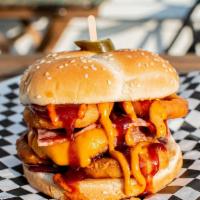 Bbq Western Burger  With Fries · Beyond/ fyh cheese, beleaf bacon, onion rings, diced jalapenos, BBQ sauce, chipotle mayo.