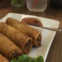 Egg Roll · Vegan. Crispy veggie rolls filled with taro, carrots, cabbage, onions and mushrooms.