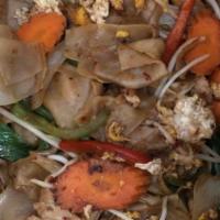 Drunken Noodles · Flat rice noodles, green beans, onions, bell peppers, carrots, cage-free eggs, Cosmo bean sp...