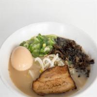 Hakata Tonkotsu Ramen · Rich pork broth, bean sprouts, green onions, kikurage mushrooms, sesame seed, soft boiled eg...