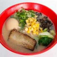 Spicy Miso Ramen · Rich pork broth, bean sprouts, green onion, kikurage mushrooms, bok choy, corn, soft boiled ...