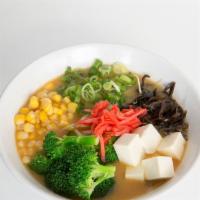 Vegan Miso Ramen · Fresh vegan miso broth, bean sprouts, green onion, kikirage mushroom, tofu, broccoli, corn, ...