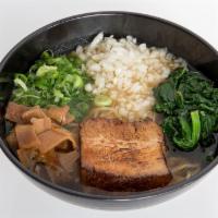 Classic Shoyu Ramen · Flavorful chicken broth, green onion, bamboo shoots, spinach, diced onion, pork chashu.