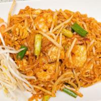 Pad Thai · Stir fried thai noodle with shrimp, chicken, egg, ground peanut, bean sprout and scallion.
