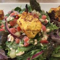 Mazaa Chicken Kabob Salad · Mixed baby greens, with cucumbers, red onions, tomatoes, Feta cheese, balsamic vinaigrette d...