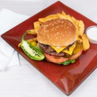 Double Cheese Burger (Combo) · A delicious  double patty burger ,steak cut fries and 16 oz drink