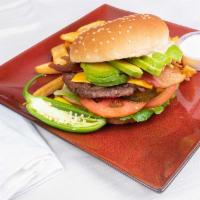Super Burger (Combo) · A delicious 5 oz burger with beacon and avocado, steak cut fries and  16 oz drink