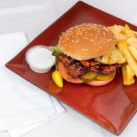 Chicken Burger (Sandwich) · 6oz  of chicken teriyaki  in a burger bun,lettuce,mayo,tomato, grilled pinnaple and teriyaki...