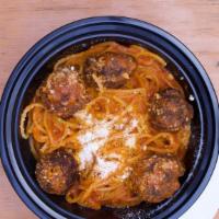 Spaghetti Meatballs · Free range ABF & hormone free beef meatballs, parmigiano & organic tomato sauce