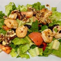 Garlic Shrimp Salad · Grilled shrimps with garlic served over romaine lettuce, spinach, tomatoes, bell peppers top...