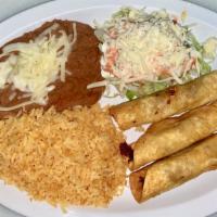 Flautas · 3 rolled fried corn tortillas filled with choice of meat, sour cream, lettuce, tomatoes, gua...