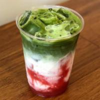 Strawberry Matcha Latte · Iced only. Whisked organic Japanese ceremonial grade matcha infused with strawberries, layer...