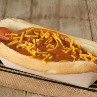 Chili Dog · 100% all beef sausage topped slow cooked chili and shredded cheddar cheese.