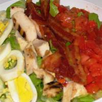 Cobb Salad · Grilled chicken breast, bacon, hard boiled egg, lettuce, and tomato.  Served with your choic...