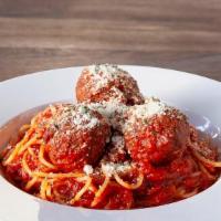 Spaghetti & Meatballs · Pasta, house made marinara and meatballs. Topped with a fresh sprinkle of parmesan.